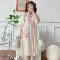 Day Ensemble Kimono Kimono Womens Summer Pure Cotton Short Sleeve Home Korean version of long style Bath Robe Loose Girl Sleepwear Morning Gown