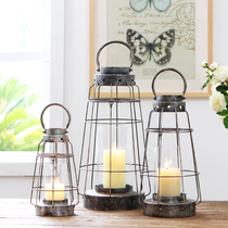 Candlestick European wrought iron hollow glass home furnishings outdoor glass protective cover portable retro nostalgic wind lamp