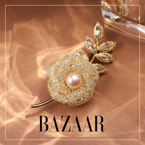Rose brooch womens style Japanese and Korean hollow golden flower Pearl jacket clothing accessories corsage high-end pin female
