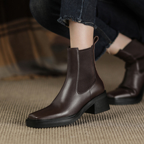 M L Monroe new season charming ~ leather English style Chelsea boots female rough-heeled square head Martin boots