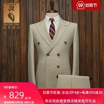 Suit nan tao zhuang qiang barge collar striped double-breasted handsome wedding slim dress young trend British suit