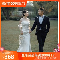 Shoulder French light wedding dress 2021 new little bride satin simple atmosphere tailing Super fairy go out yarn