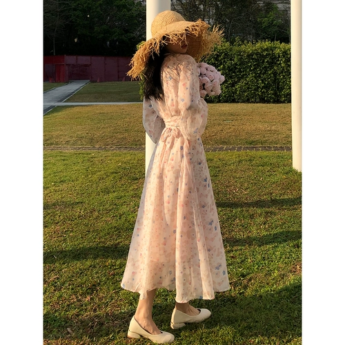 Свежий милый розовый летний шифоновый лонгслив, платье, длинная юбка, 2023, французский стиль, в цветочек