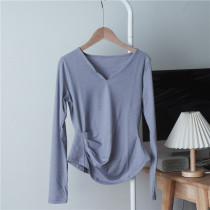Slim slim collarbone face small fitness yoga running clothes women long sleeve V collar pleated yoga top wear