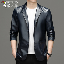 Woodpecker mens leather clothes suit collar leather jacket leather leather mens young and middle-aged casual slim leather suit jacket