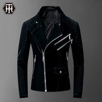 Europe and the United States luxury Korean version of the male motorcycle jacket leather jacket leather velvet solid color youth collar simulation leather leather clothing mens short section