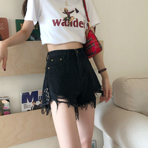 Break hole denim shorts womens spring and summer clothes New Hong Kong flavor large size fat MM high waist slim margin wide leg a hot pants