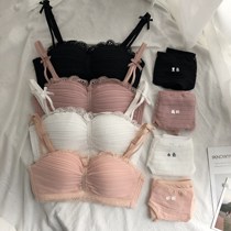 Korean version of No steel ring girl underwear set autumn sexy upper support gathering small bra Japanese lace lace bra