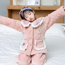Childrens three-layer padded cotton pajamas winter plus velvet flannel set girl coral velvet little girl home clothes