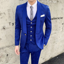 Royal Blue slim Korean version of the mens suit three-piece suit free hot dark flower wedding emcee dress personality tight and thin