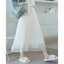 Apricot colored mesh skirt womens 2021 Autumn New French retro temperament long high waist A pleated skirt