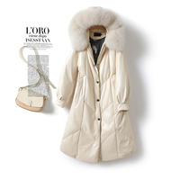 Leather down jacket long hooded fox fur collar sheep leather coat Haining 2021 Winter waist leather leather