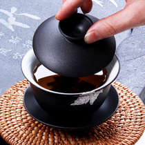 Guanyi Zen style Black Pottery tea cover bowl Sansai Bowl Coarse pottery cover bowl Teacup Household Teacup Tea fair cup tea leak
