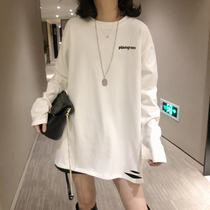 White long-sleeved T-shirt womens autumn and winter new mid-length shirt with cotton large size and thin foreign-style sweater inside