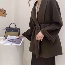 Lazy casual style double-sided cashmere coat womens short new leather belt double-sided jacket autumn and winter little man