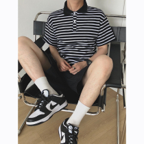 Summer half-sleeved shirt Couple striped POLO shirt Hong Kong style lapel mens slim short-sleeved t-shirt boys black and white trendy mens T-shirt