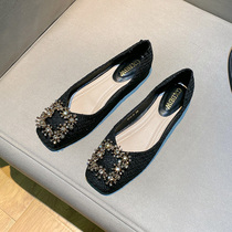 Uncle MJ fashion rhinestone square buckle shoes women's spring and autumn new square head shallow mouth Joker soft bottom flat shoes
