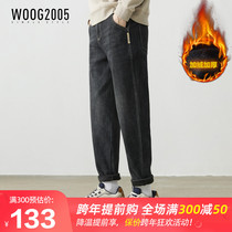 WOOG2005 plus velvet padded black jeans men autumn and winter 2021 straight loose warm long pants