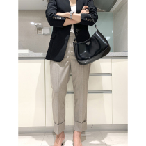 High quality wide-edged curl mid-waist commuter stripes nine-point thin casual straight trousers trousers pipe pants for womens autumn