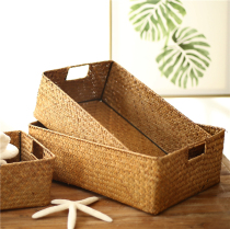 Straw rectangular storage box seaweed rattan bamboo weaving storage basket desktop snack storage basket basket