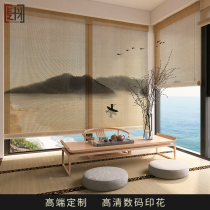 Bamboo curtain curtain new Chinese balcony sunshade tea room living room partition landscape hanging painting window electric rolling curtain