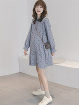 Pregnant women autumn dress 2021 New Korean fashion Long Spring and Autumn Polo point loose cotton linen shirt skirt