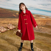 Girls woolen coat 2021 new thickened medium and big children red tweed coat autumn winter childrens Chinese style and foreign atmosphere