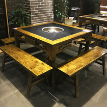 Market skewer barbecue hot pot shop Solid wood dining table Marble hot pot table chair Induction cooker one-piece restaurant commercial