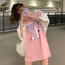 Fake two-piece basketball suit t-shirt womens 2021 new jersey short-sleeved student Korean loose mid-length half-sleeved ins tide