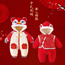 Baby winter clothes go out warm plus velvet jumpsuit autumn and winter New Years full moon baby clothes one-year-old dress New Years dress