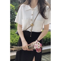 Bigyu good ride to burst~white small fragrant wind short knitted womens summer Korean version loose short-sleeved TEE ice silk top