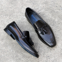 European and American small square head leather shoes mens leather one-pedal loafers British tassel trendy mens business set foot casual shoes