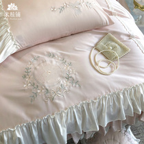Princess Wind Small Bear Lotus Leaf Side 120s Long Suede Cotton Four Pieces Full Cotton Embroidery Quilt Cover Spring Summer Girl Bed Bedding