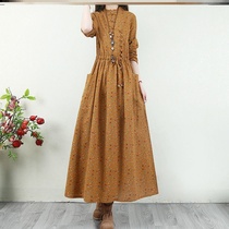 Retro literary plain ordered cotton and linen womens original floral dress autumn buckle long sleeve skirt super long loose