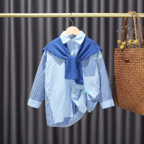 CUHK Girl Girl Shirt Long Sleeve 2022 Spring New Children Foreign Air Striped Shirt College Wind Shirt Skirt Tide