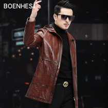 2021 new mens leather leather clothing first layer cowhide windbreaker hooded mid-length slim-fit leather coat jacket jacket