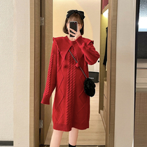 Pregnant women 2021 autumn and winter New sweet temperament lapel Christmas sweater thick knitted hot mother dress