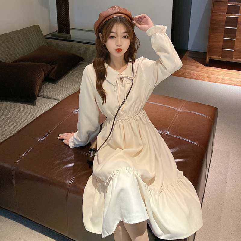 College spring new French retro waist-thin dress womens spring dress gentle long-sleeved mid-length skirt