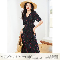 Blue Large - Code women dress fat French vintage v collar flower dress 2023 summer closing tea break dress