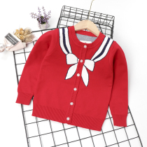 Childrens Clothing Girl Navy Collar Cardiovert Children Butterfly Knots Knitwear Knitwear 2021 New Foreign Air Baby Little Jacket