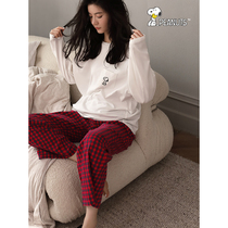Beyan Snoopy pajamas Womens Spring and Autumn long sleeve womens large size home clothes simple lattice pants can be worn outside cotton suit