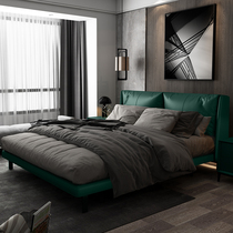 2021 dark green Hong Kong style light luxury master bedroom first layer cowhide leather bed net red ins modern simple double wedding bed 1 8