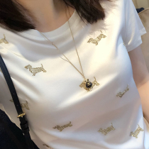 2020 summer womens new white top short ins tide beads short sleeves with wide leg pants high waist t-shirt slim fit