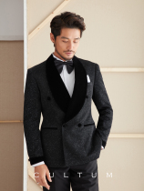 Shiny patch banquet dress suit male green fruit collar double-breasted host groom wedding suit two-piece set