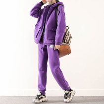 Huangsen 2021 Winter New pocket sweater set women loose size plus velvet padded sports leisure two-piece set