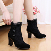 2022 new female boots with genuine leather mesh yarn boots high heel boots coarse heel short boots female hollowed-out mesh shoes spring autumn single boots