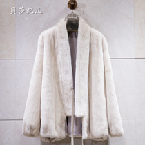 Besa Fei 2021 new mink female long imported velvet whole Marten V-neck with drawstring decorative fur