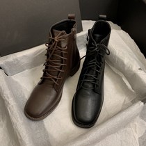 ITSK Black Martin boots female English style 2021 new spring and autumn single boots retro lace-up thick heel short boots