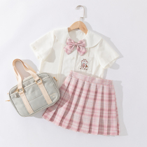  Girls summer suit Children jk uniform skirt genuine primary school student college style pleated grid skirt Summer dress full skirt