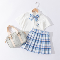 Girls  college style suit Summer childrens jk uniform skirt genuine primary school pleated plaid skirt Big childrens summer skirt